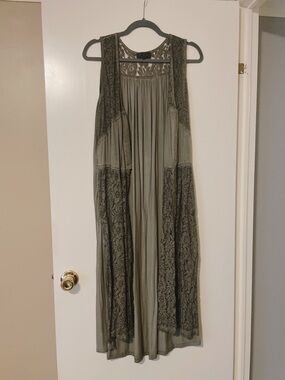 POL Bohemian Green Rustic Long Lace Vest Size M
